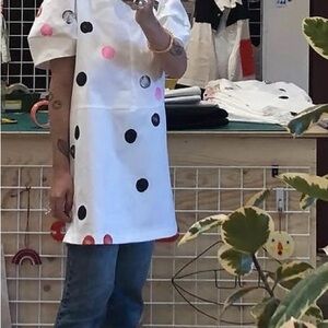 Hand Painted White Cotton Polka Dot Short Sleeve Tunic or Mini Dress